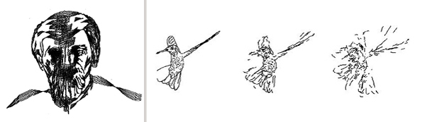 Drawing of a man, drawings of hummingbirds