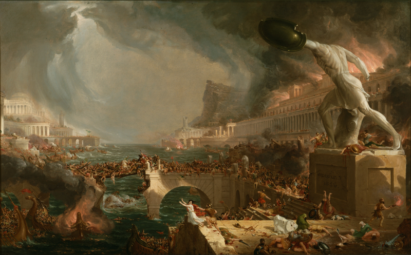 Thomas Cole's "Destruction" Painting of city in battle by thomas cole