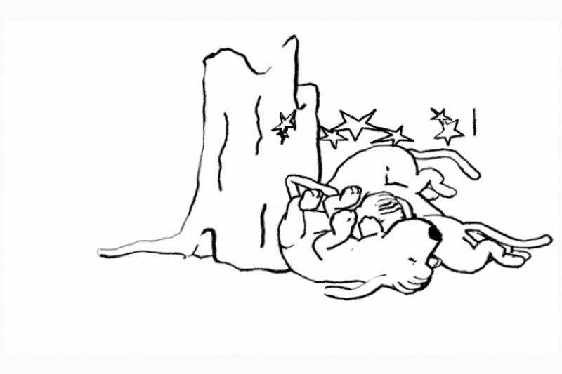 Thurber Dog Hounds tumbling near tree