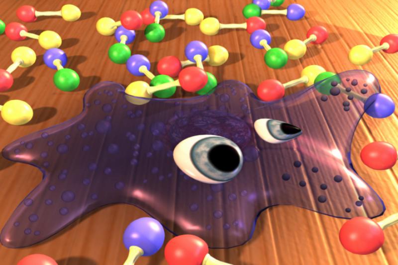 Spliced purple goo on ground near DNA molecules