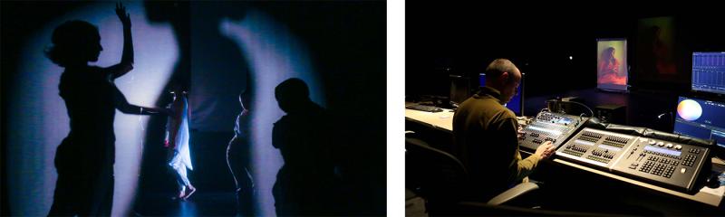 dancers in silhouette and a lighting designer works on their board