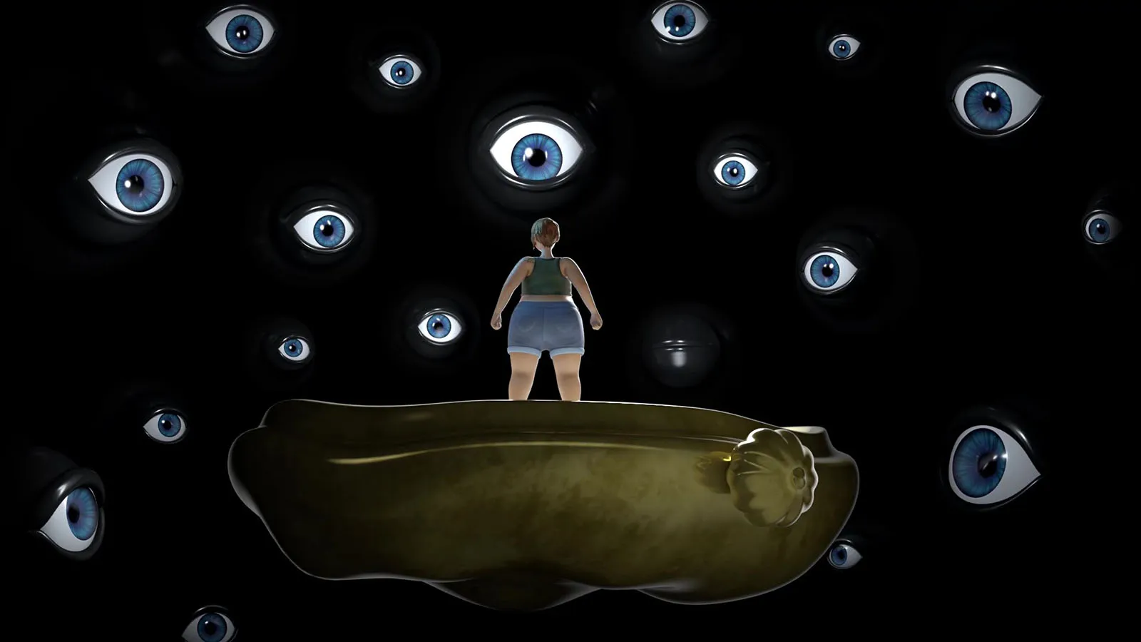 Woman standing on a platform surrounded by darkness and eyeballs watching her