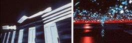 Abstract images: forks over many doors, dark landscape with a red horizon and a fountain of blue squares Abstract images: forks over many doors, dark landscape with a red horizon and a fountain of blue squares