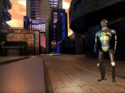 Still from the film of a robotic figure standing in the environment looking at the camera Still from the film of a robotic figure standing in the environment looking at the camera