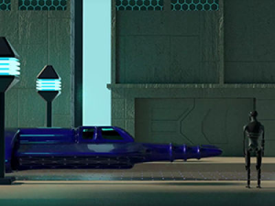 Still from the film of a robotic figure standing in the environment looking at a floating futuristic vehicle Still from the film of a robotic figure standing in the environment looking at a floating futuristic vehicle