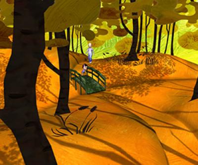 A parent and child walk through a colorful cartoon forest A parent and child walk through a colorful cartoon forest