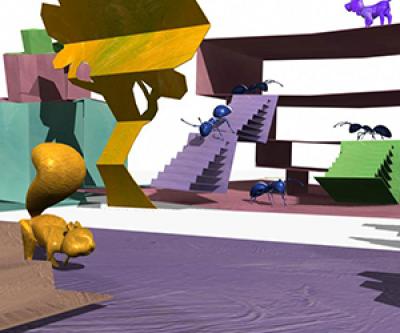 Cartoon ants, a squirrel, and a dog occupy a cartoon paper-cutout environment Cartoon ants, a squirrel, and a dog occupy a cartoon paper-cutout environment