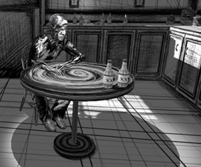 A still from the experience showing the alcoholic sitting at a table