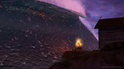 Still from SentiencE showing giant wave crashing with cabin and fire in foreground Still from SentiencE showing giant wave crashing with cabin and fire in foreground