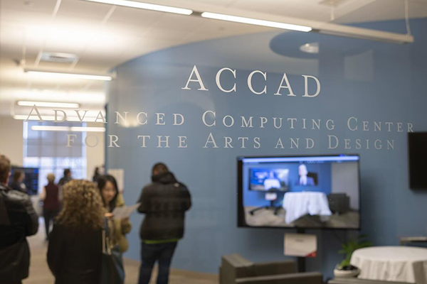 Interior view of the ACCAD facility showing people gathered