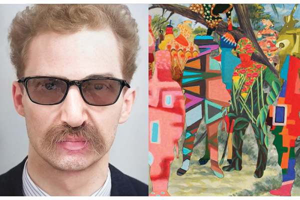 Side‑by‑side composition showing a portrait-style photograph on the left and a vibrant, abstract painting on the right. The painting features brightly colored, geometric human‑like figures set within a lush, patterned landscape of trees and foliage, characteristic of Walid Raad’s layered, speculative visual style.