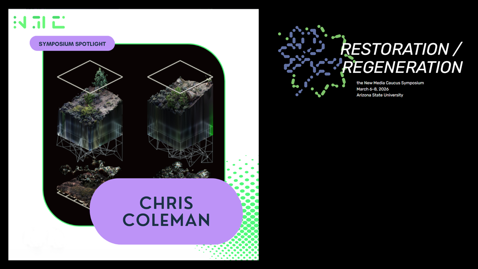 Promotional graphic for Chris Coleman’s presentation at the New Media Caucus Symposium (Restoration / Regeneration), March 6–8, 2026, at Arizona State University. The image shows 3D landscape cross-sections alongside event details and branding.