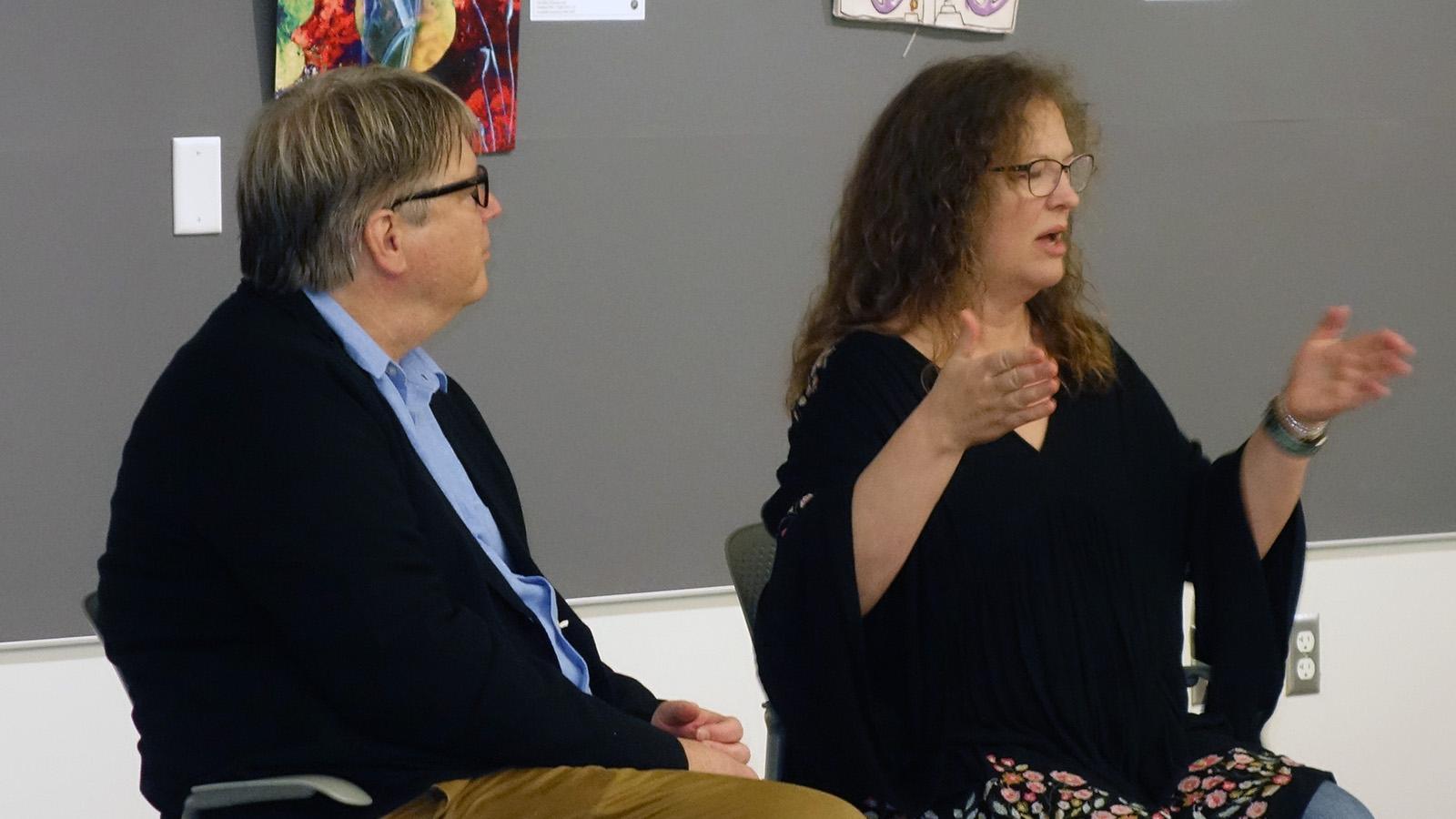 A close-up of Brenda Chapman speaking to students